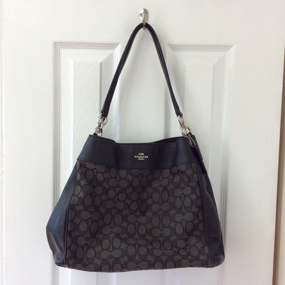 Coach black leather cloth signature shoulder bag